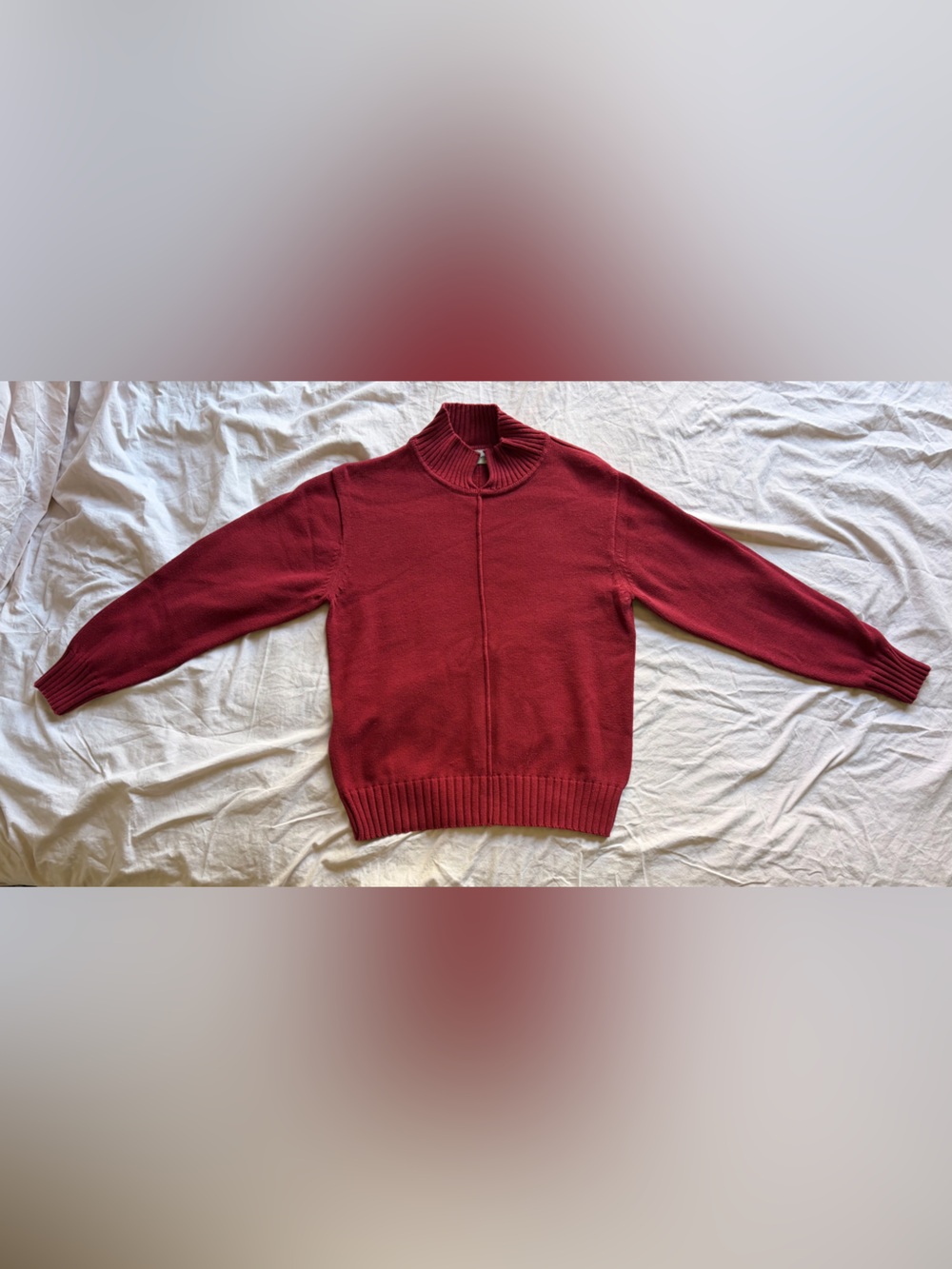 Vintage Women's 100% Cotton Red Ribbed-Trim Split Neck Collar Sweater